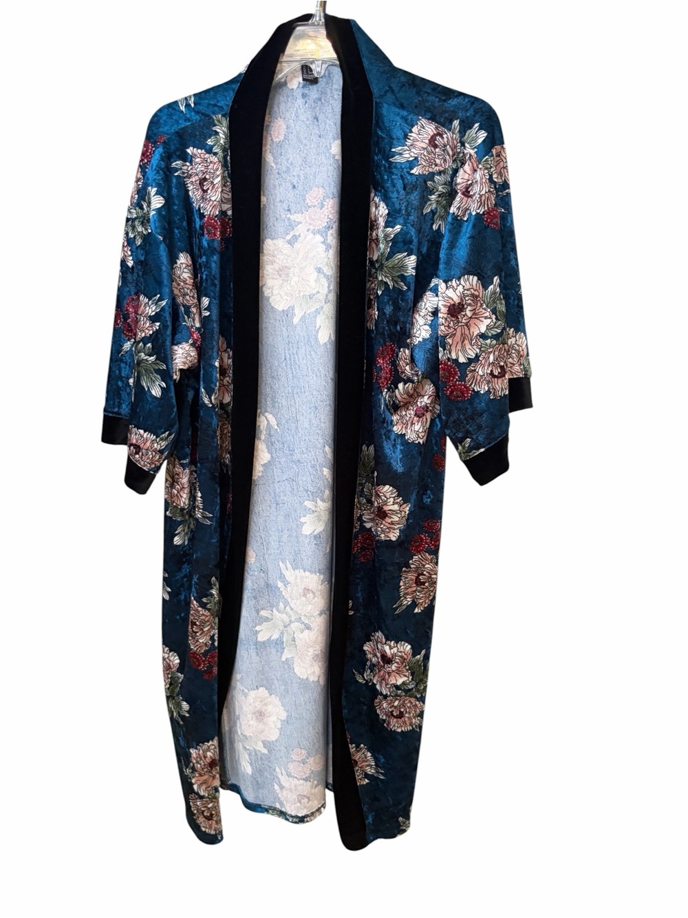 Forever 21 crushed velvet kimono robe oversized small jewel tone EUC floral - Picture 2 of 7